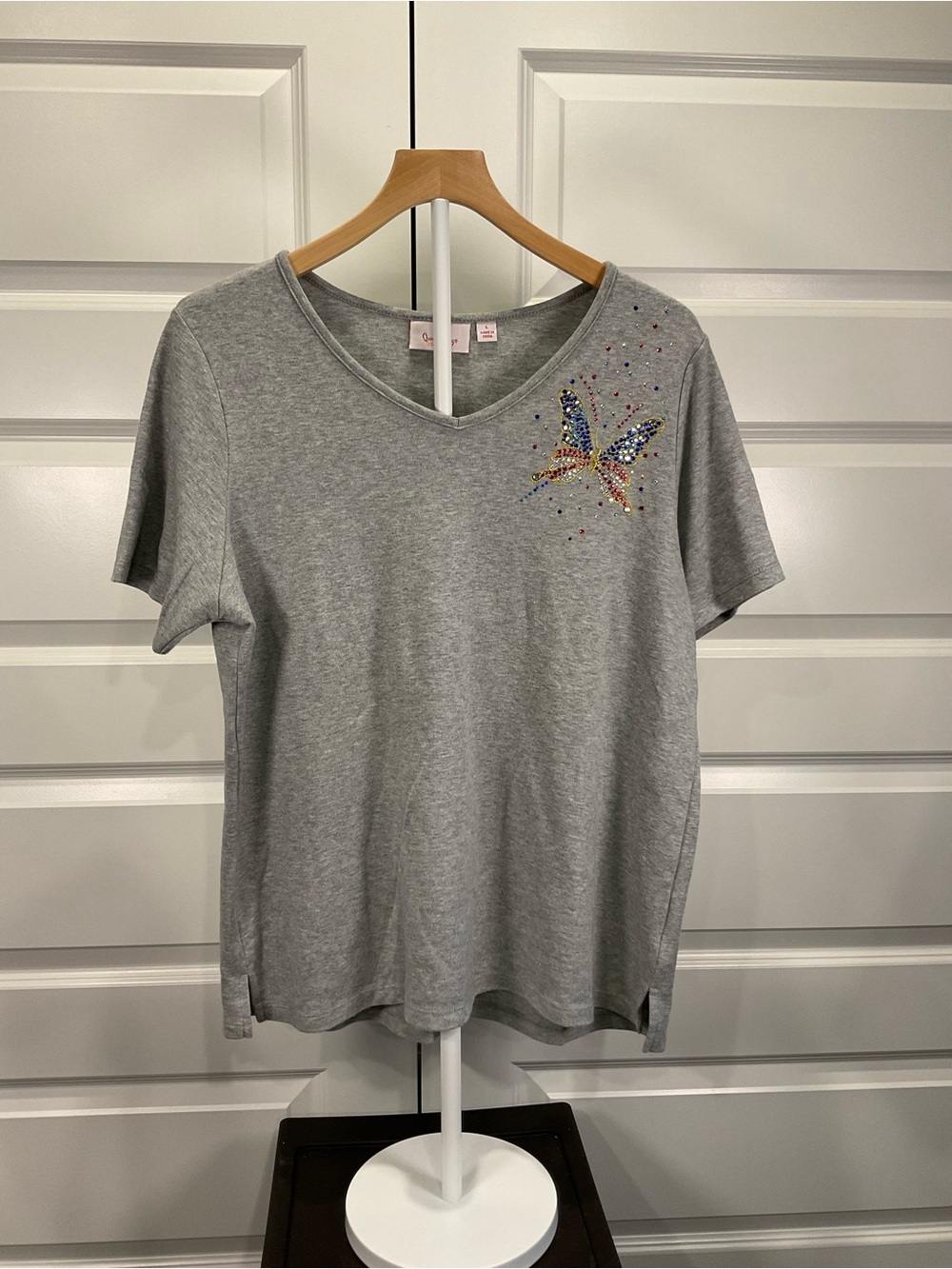 Quacker Factory Grey Short Sleeve Tee with Beaded Butterfly